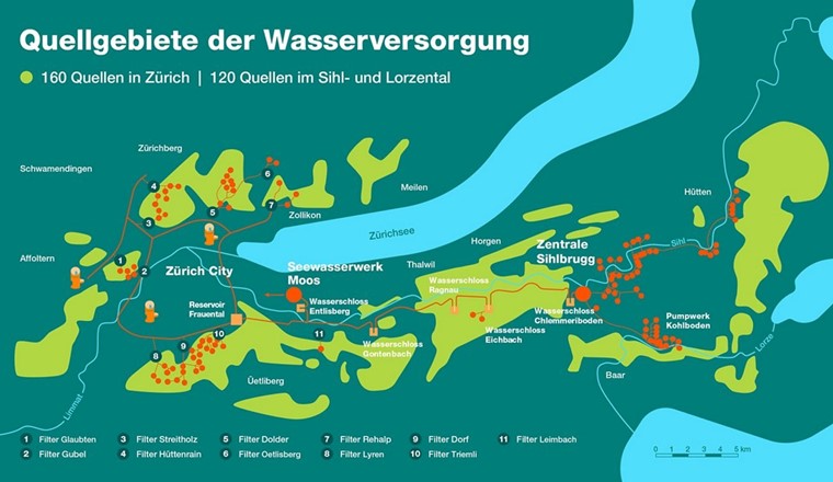 Übersichtsdarstellung zu den 280 Wasserquellen, die die Stadt Zürich versorgen. (© Wasserversorgung Zürich)