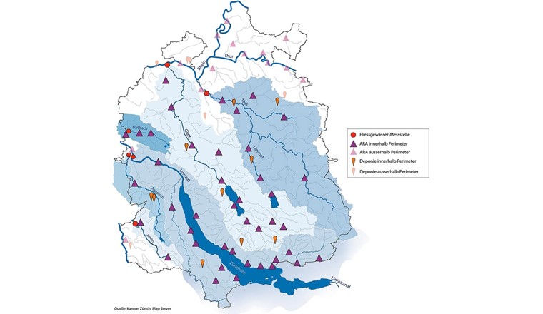 Fig. 1 Untersuchungsperimeter der hydrologischen Einzugsgebiete (EZG) des Kantons Zürich.Die blau schattierten Flächen stellen die EZG der Fliessgewässer dar, die jeweils mit einerMessstelle (rot) am Auslauf überwacht werden.