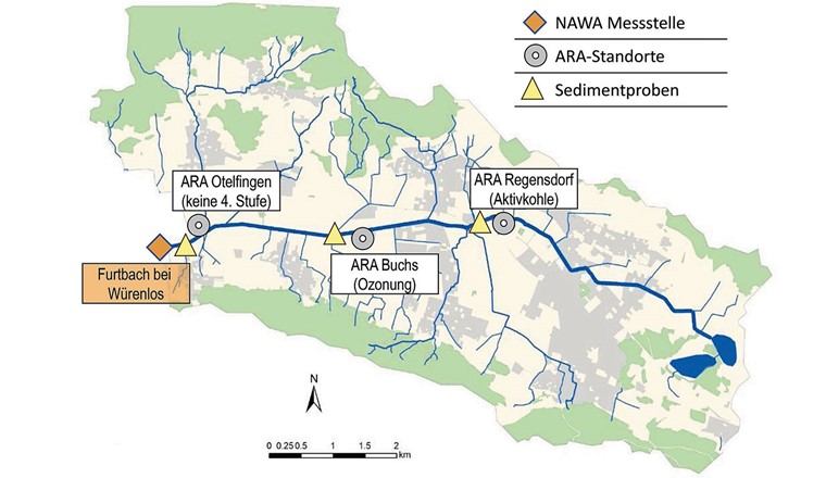 Fig. 2 Das Einzugsgebiet des Furtbachs mit den drei ARA Regensdorf, Buchs und Otelfingen.