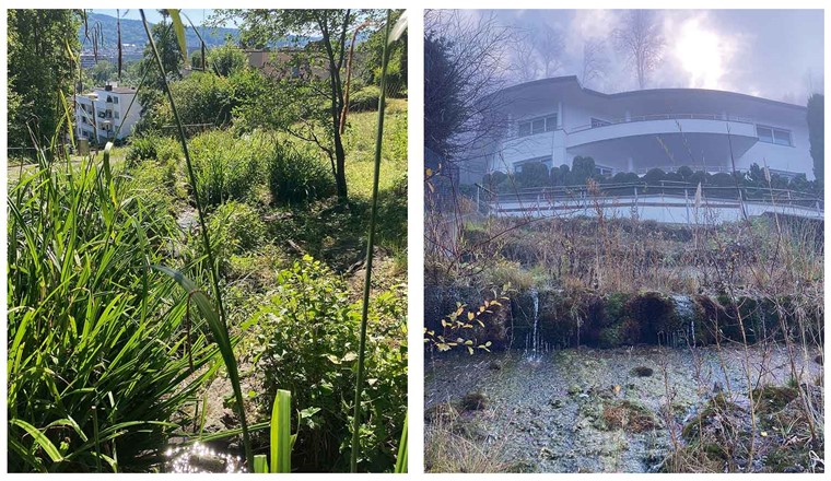 Fig. 6 L: Quellwasser kann mit minimalem Platzbedarf ins Siedlungsgebiet geführt werden, weil Quellschüttungen i.d.R. konstant sind. R: Im Wohngebiet kann mit Quellwasser ein Mehrwert für Mensch und Natur geschaffen werden. (© S. Hasler/VSA)