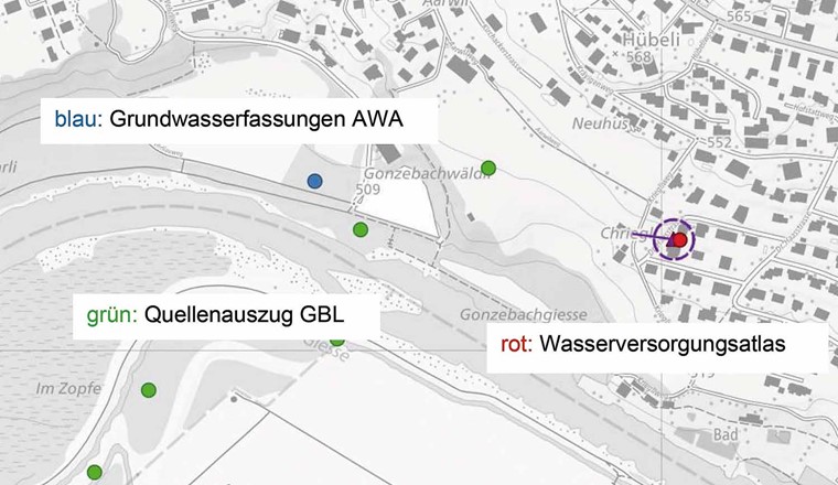Fig. 3 Die Quellen aus dem Wasserversorgungsatlas (rote Punkte) die in keinem der kantonalen Datensätze verzeichnet sind (grüne und blaue Punkte) wurden identifiziert. Für die ausgewählten Quellen wurden weitere im Wasserversorgungsatlas aufgeführte Informationen wie der Radius der Lagegenauigkeit (violette Kreise) und verzeichnete Leitungen (violette Linien) aufgeführt.