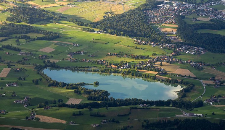 Einer der untersuchten Seen: der Amsoldingersee im Kanton Bern. © Adobe Stock