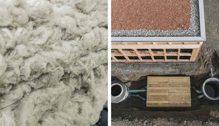 Fig. 1 Steinwolle während der Herstellung in Flums (links) und Anwendung zur Regenwasserretention in der Schweiz (rechts). (© Flumroc)