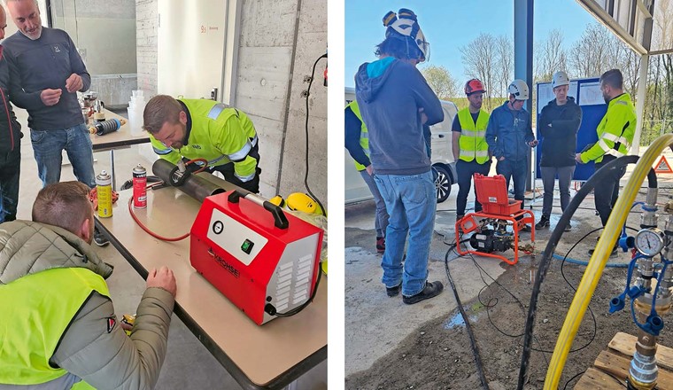 Fig. 4 Praktische Übungen: Dichtheits­prüfung mit der Vakuumbrille (l.) und messtechnische Prüfung mit einem automatisierten Druckprüfsystem (r.)