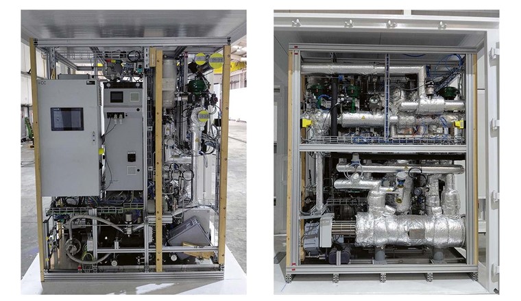 Fig. 5 Der im Container eingebaute Dampferzeuger. Frontansicht: das Control Panel und die Prozessanschlüsse. (© Inerco, Sevilla) Fig. 6 Der im Container eingebaute Dampferzeuger. Seitenansicht: die Verfahrenstechnik zur Dampferzeugung. (© Inerco, Sevilla)