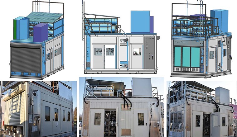 Fig. 4 LCHRS-Prototyp als portabler 20-Fuss-Container: CAD-Renderings (o.) und aktuelle Realfotos des Demonstrators mit teils geöffneten Servicetüren (u.).
