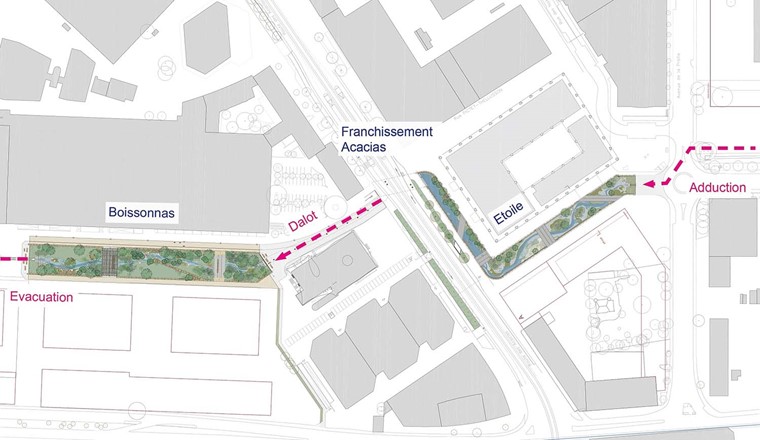 Plan détaillé du tronçon renaturé de la Drize.