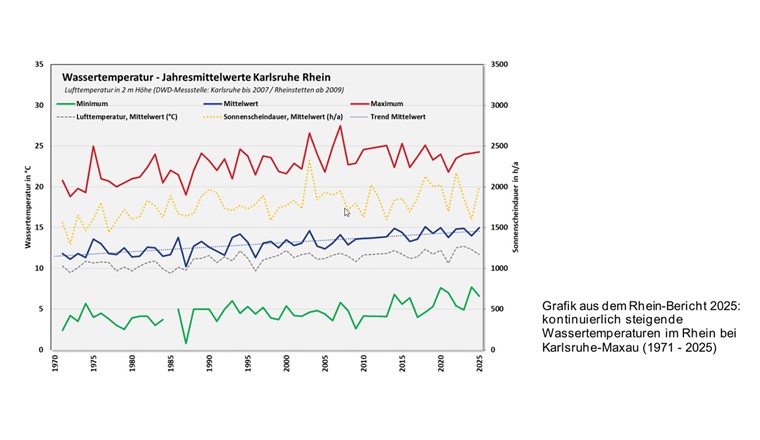 Grafik aus dem Rhein-Bericht 2025: kontinuierlich steigende Wassertemperaturen im Rhein bei 
Karlsruhe-Maxau (1971 - 2025) © ABWR