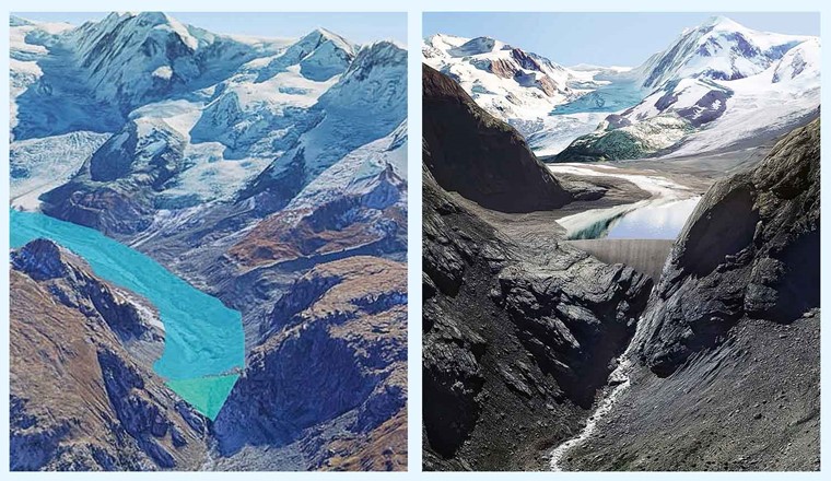 Fig. 2 Um einen neuen Stausee am Fusse des Monte Rosa wird gerungen – unter den 21 Konzessionsgemeinden der Grande Dixence, aber in erster Linie zwischen den Interessen des Landschaftsschutzes und denjenigen der Energieproduktion. Sinnbildlich dafür sind die beiden unterschiedlichen Visualisierungen: links von der Internetplattform altitude und rechts von den Projektanten.