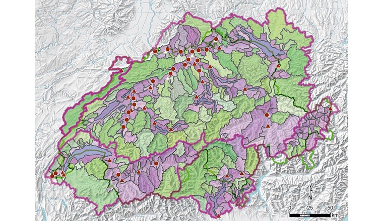 Fig. 4 Die roten Linien markieren die Einzugsgebiete von Rhein, Rhone, Ticino, Doubs und Inn. Jedes Einzugsgebiet unterteilt sich in Teil-Einzugsgebiete. Die roten Markierungen sind Ausgabepunkte für Wehranlagen des BFE (Kreise) und für Messstellen des BAFU (Dreiecke). Jede dieser Ausgabepunkte erfasst den Wasserabfluss aus dem jeweiligen Einzugsgebiet: Das grösste Einzugsgebiet hat der Messpunkt in Basel mit 35 900 km². Das entspricht ca. 7/8 der Fläche der Schweiz und umfasst auch Gebiete in Deutschland, Österreich und Liechtenstein. Das kleinste Einzugsgebiet im betrachteten Grössenbereich hat der Messpunkt in Weesen an der Linth mit 1061 km2. (© Schlussbericht EXCH)