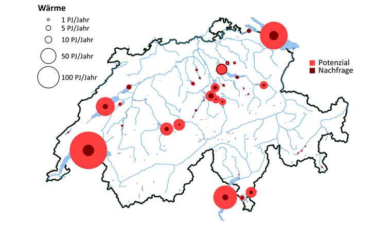 Potenzial der Schweizer Seen für Wärmeextraktion und regional maximale Nachfrage. Die Fläche der Kreise ist proportional zum  entsprechenden Wert.