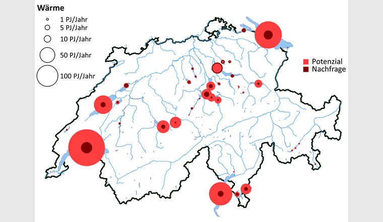 Potenzial der Schweizer Seen für Wärmeextraktion und regional maximale Nachfrage. Die Fläche der Kreise ist proportional zum  entsprechenden Wert.