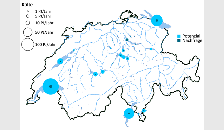 Potenzial der Schweizer Seen für Kälteextraktion und regional maximale Nachfrage. Die Fläche der Kreise ist proportional zum  entsprechenden Wert.