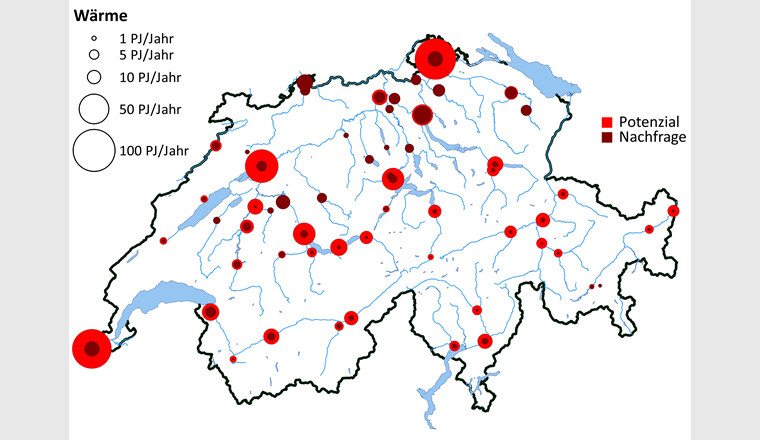 Potenzial der Schweizer Flüsse für Wärmeextraktion und regional maximale Nachfrage. Die Fläche der Kreise ist proportional zum  entsprechenden Wert.