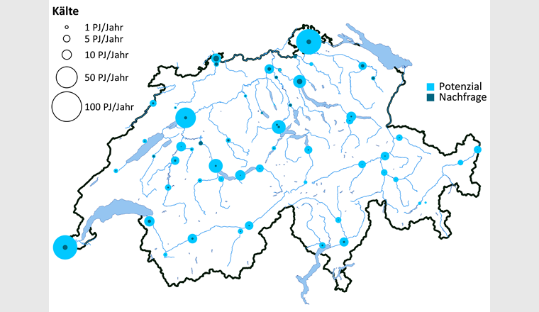 Fig. 5 Potenzial der Schweizer Flüsse für Kälteextraktion, und regional maximale Nachfrage. Die Fläche der Kreise ist proportional zum  entsprechenden Wert.