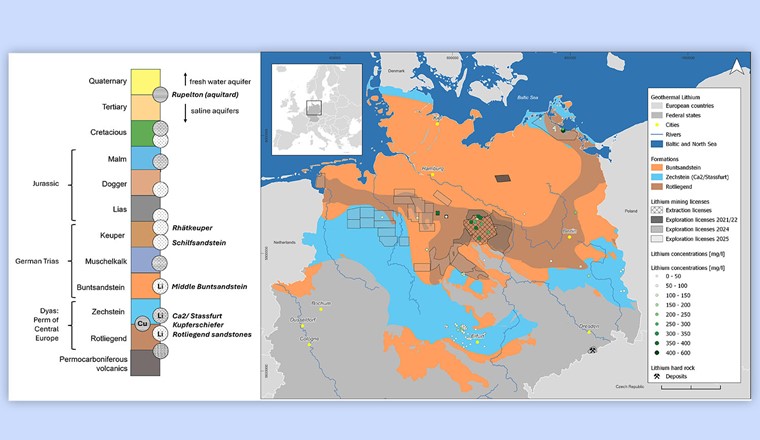 Karte Nord-Deutschland. Farbig markierte Flächen stellen geologische Formationen dar (z. B. Buntsandstein in Orange, Zechstein in Blau, Rotliegend in Braun). Zusätzlich werden Zonen und Punkte dargestellt, die mit Lithium in Zusammenhang stehen: etwa Explorations- und Förderlizenzen oder Bohrungen. © Fraunhofer IEG/Alms