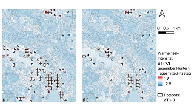 Fig. 2 TARGET/UMEP en action: points chauds à Zurich. Intensité modélisée de l'îlot de chaleur lors d'une journée caniculaire, exprimée sous forme de différence moyenne sur 24 heures (ΔT) par rapport à la station de référence de Fluntern. (a) Situation initiale, (b) après un scénario ciblé de végétalisation et d’irrigation. Fluntern étant située en zone urbaine, il ne s’agit pas d’une station de référence purement rurale; par conséquent, une grande partie de la zone modélisée se trouve en dessous de cette référence (bleu). Les zones situées au-dessus de la référence (ΔT > 0, rouge) sont mises en évidence dans des encadrés en tant que « points chauds ».