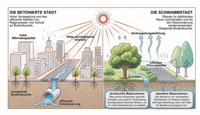 Fig. 1 Le principe du «Heat-Down». Le cycle de l'eau urbain fait le lien entre le refroidissement structurel (infrastructures bleues et vertes) et le refroidissement opérationnel (humidification des surfaces), la ville-éponge servant de réservoir d'eau.