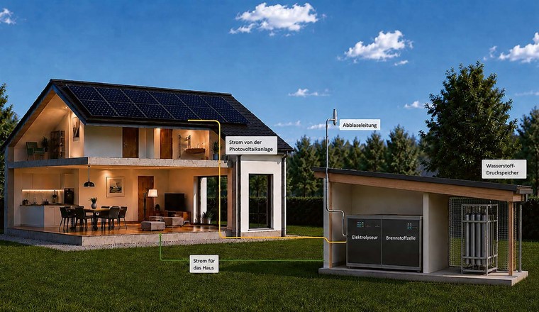 Fig. 1 Wasserstoffsystem in einem Einfamilienhaus.  (KI-generiertes Bild)