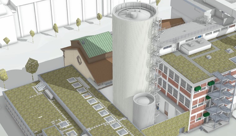 Visualisierung Speicher Fernheizkraftwerk Volta: Auf dem Areal des Fernheizkraftwerk Volta plant IWB den Bau eines Wärmespeichers. © e-bau GmbH