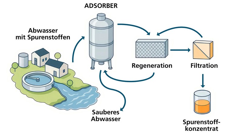 Schematische Darstellung des ARKON-Verfahrens auf einer kommunalen Kläranlage © Fraunhofer UMSICHT/AI-generated