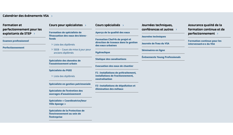 Figure 1 : L’offre actuelle de cours et de formations du VSA comprend 7 formations pour spécialistes, 7 cours spécialisés et une formation continue en français destinée aux exploitant·e·s des stations d’épuration. ©VSA