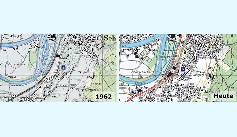 Fassungen, die ursprünglich auf der grünen Wiese gebaut wurden, befinden sich heute mitten im 
Siedlungsgebiet. Die Schutzzone der Fassung ist wegen Bauten und Verkehrswegen nicht konform 
und die Konzession für die Trinkwassergewinnung wird deshalb vielerorts nicht erneuert. (Quelle: 
Swisstopo)