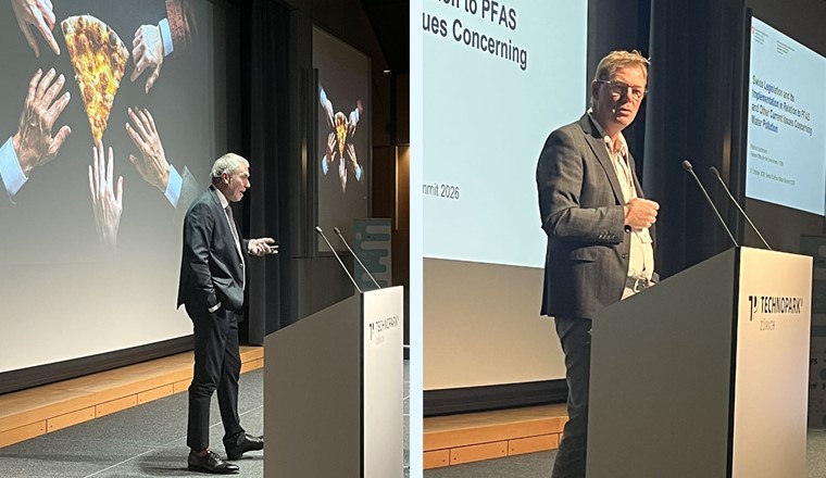 Links: Raffaele Domeniconi, Leiter Interessenvertretung, SVGW: Wasser ist die wichtigste Ressource. It’s always about water! ¦ Rechts: Patrice Eschmann, Leiter Abteilung Wasser, BAFU: PFAS sind überall, im Boden, in den Gewässern, in der Luft und damit auch in der Lebensmittelkette.