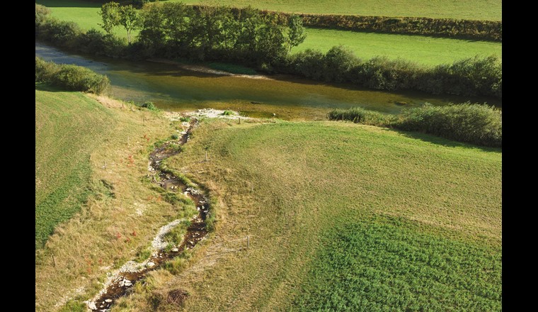 Dank ausreichend grossen Gewässerraums konnten der kleine Ruisseau de la Motte JU und seine Mündung in den Doubs revitalisiert werden. (©BAFU, Ex-Press, H. Böhler und F. Bertsch)