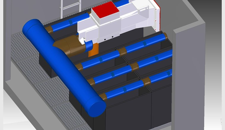 CAD-Entwurf von Filterboxen mit Zuflussmessung im Gerinne, Wasserverteilungssystem mit geschlitzten Rohren und Beschickung von oben nach unten frei dränend (trockenfallend).