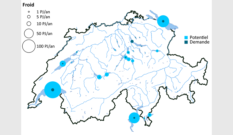 Fig. 3 Potentiel des lacs suisses pour l’extraction de froid, et demande régionale maximale. La surface des cercles est proportionnelle à la valeur correspondante.