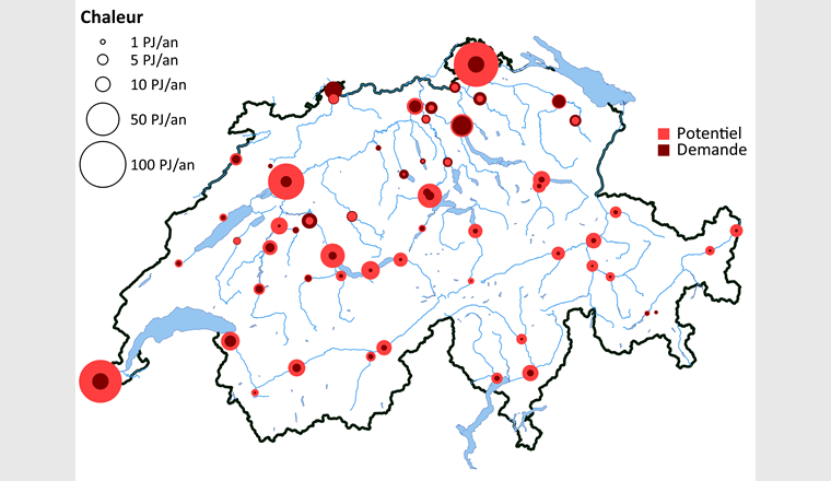 Fig. 4 Potentiel des rivières suisses pour l’extraction de chaleur, et demande régionale maximale. La surface des cercles est proportionnelle  à la valeur correspondante.