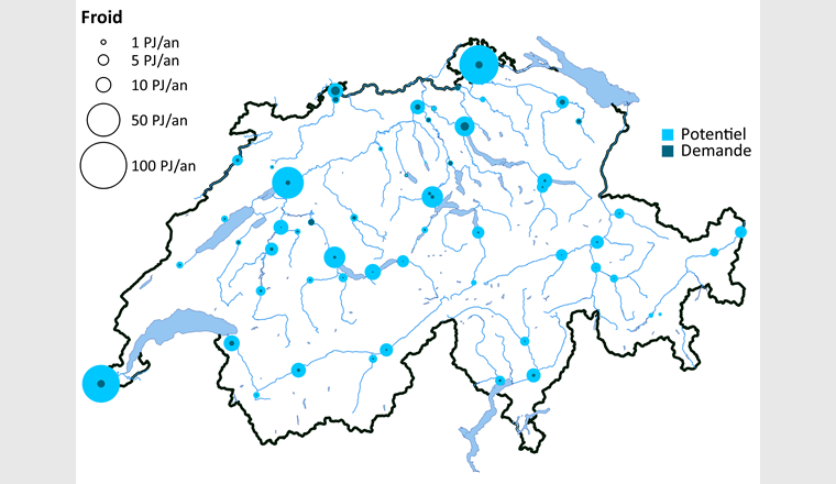 Fig. 5 Potentiel des rivières suisses pour l’extraction de froid, et demande régionale maximale. La surface des cercles est proportionnelle  à la valeur correspondante.