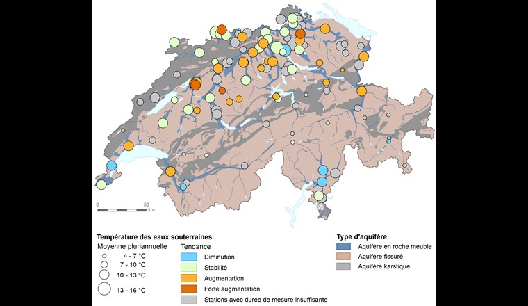 Fig. 3 Moyenne pluriannuelle et tendance de la température des eaux souterraines pour chacune des stations des modules QUANT et TREND de NAQUA entre 2000 et 2016 (dont 48 stations possèdent des mesures sur au moins 10 ans et font donc l’objet de la présente étude), ainsi que pour 17 stations sélectionnées KLIGW entre 2000 et 2011.