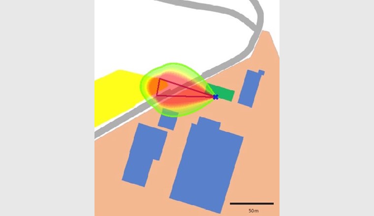 Darstellung eines Freistrahlbrandes: LNG-Anlage (grün), Werksgebäude (blau), Bauparzelle (gelb), Strasse (grau)