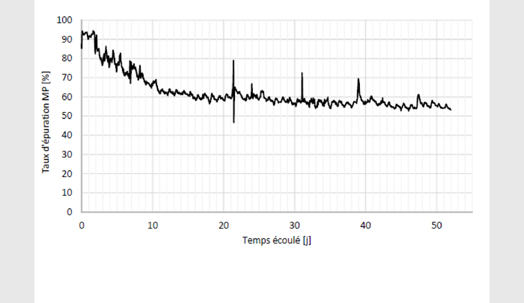 Fig. 6 Diminution puis stabilisation du taux d’épuration des micropolluants (valeurs issues de la corrélation avec l'abattement de l’absorbance UV à 254 nm) après interruption du dosage à la fin de l’essai n°2. Dernier dosage au jour 0 à 13 g/m3.