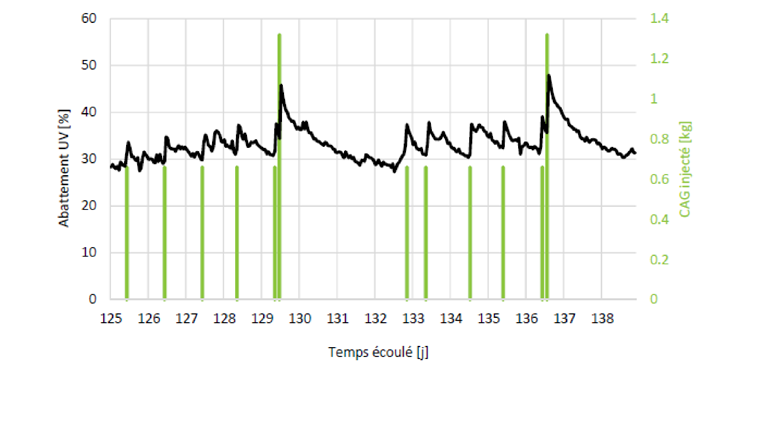 Fig. 8 Augmentation de l’abattement de l’absorbance UV (pics) après l’injection quotidienne des doses de CAG. Les injections journalières correspondent à un dosage de 15 g/m3. Une double dose est ajoutée à la dose journalière le vendredi après-midi en prévision du week-end (jour 129 et 136).
