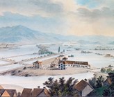 Überschwemmung von 1868 in Au, Kanton St. Gallen. (Aquarell aus dem Staatsarchiv St. Gallen)