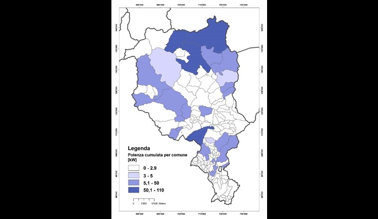Potenze teoriche cumulate (in kW), nei comuni, al termine della seconda fase del progetto (Fonte: ISAAC)