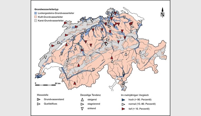 Grundwasserstände und Quellabflüsse von Anfang November im mehrjährigen Vergleich sowie derzeitige Tendenz (Quelle: Nationale Grundwasserbeobachtung NAQUA).