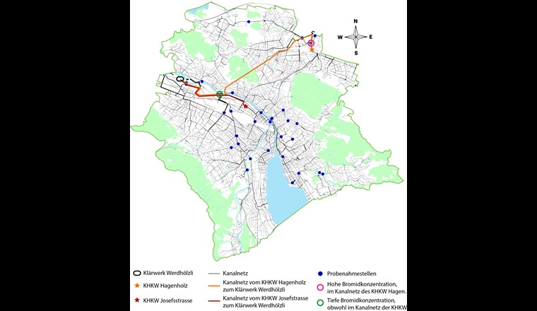 Stations de mesure de la campagne de mesure du bromure dans la zone de réception de la station d'épuration de Werdhölzli (cercles) et des usines d'incinération des déchets Hagenholz et Josefstrasse (étoiles). Deux stations de mesure ont une usine d'incinération des déchets dans la zone de réception (cercles vides). Cependant, un seul point de mesure a montré une augmentation des concentrations de bromure (violet, cercle vide).