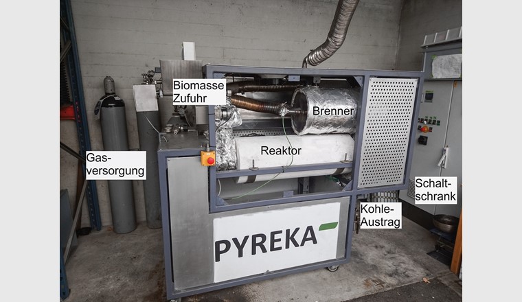 PYREKA, eine Pilotanlage zur Herstellung pyrolytischer und aktivierter Kohlen aus Biomasse. Zur Pyrolyse wird der 1 m lange Reaktor permanent mit Stickstoff (2 l/min) durchströmt, zur Aktivierung mit 2-10 l/min Luft, CO2 und/oder Dampf aus 1–7 ml/min destilliertem Wasser.