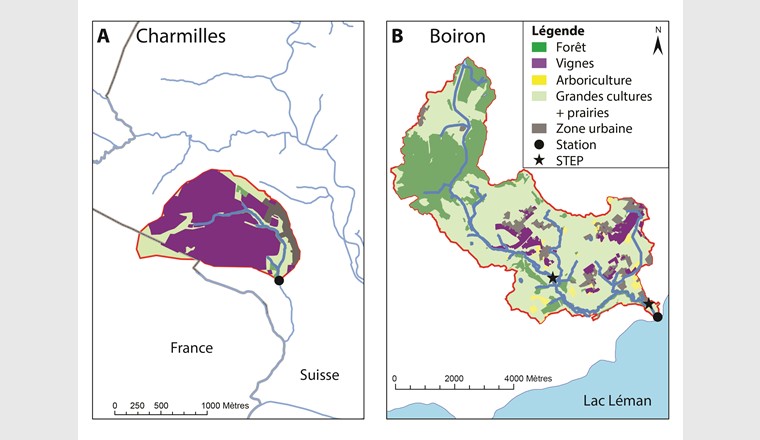 Fig. 1 Bassins versants A) du ruisseau des Charmilles et B) du Boiron de Morges avec l’utilisation principale du sol et les stations de monitoring. Reproduit avec la permission de Swisstopo (JA100119).