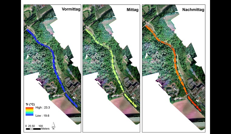 Temperaturkorrigierte TIR-Orthofotos (räumliche Verteilung der Strahlungstemperatur [Tr]; Werte pro Pixel) am Morgen, Mittag und Nachmittag des 21. August 2018 (sonnig). Die Fliessrichtung ist von Süden nach Norden. Hintergrundkarten: RGB-Orthofoto vom 21. August,