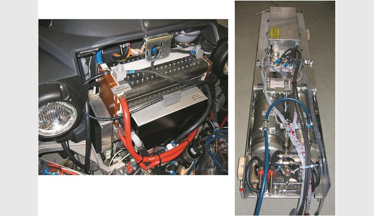 Bilder vom Frontbereich des Hy-SAM  (l.) mit eingebauter Brennstoffzelle und vom zentralen Träger (r.) mit den prägnanten H2-Speichern im Vordergrund