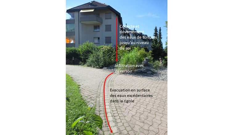 Fig. 3a Éléments d’aménagement pour limiter, voire éviter, le ruissellement d’eaux pluviales: Lotissement «Im Park» à Ittigen près de Berne. Aménagement de l’environnement avec des surfaces perméables sous forme de gravier, gazon et pavés d’assemblage. Évacuation des eaux de toiture avec transport des eaux aménagé en surface. Les eaux de toiture s’infiltrent autant que possible dans la surface de gravier et le trop-plein est évacué en surface par la rigole jusqu’à une installation d’infiltration centralisée.