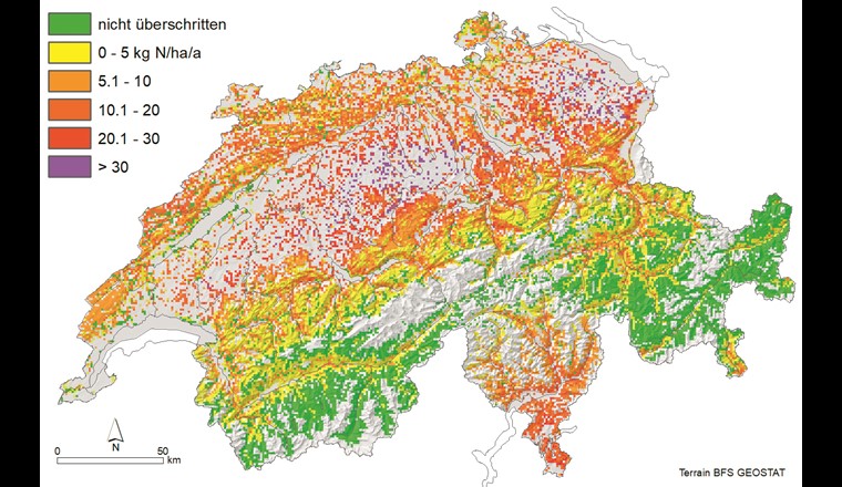 Überschreitungen der Critical Loads für Stickstoff in der Schweiz, Belastungskarte für das Jahr 2010 in Kilogramm N/ha/Jahr.