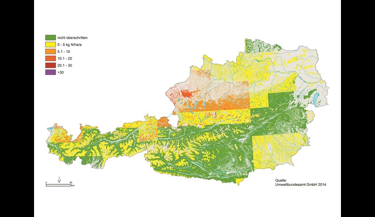 Überschreitungen der Critical Loads für Stickstoff in Österreich, Belastungskarte für das Jahr 2010 in Kilogramm N/ha/Jahr.