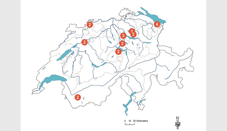 In neun Kläranlageneinzugsgebieten wurden insgesamt 20 Mischabwasserentlastungen beprobt. Zahl = Anzahl Standorte pro Einzugsgebiet.