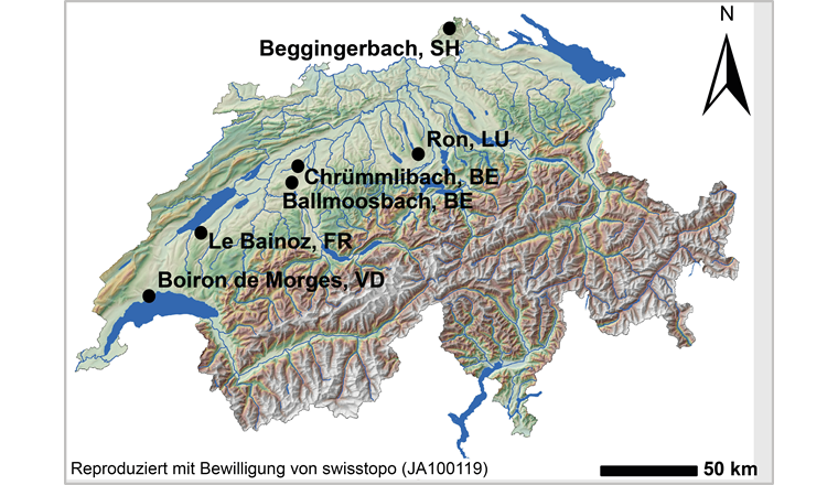 Lage der sechs Einzugsgebiete in der Schweiz.
